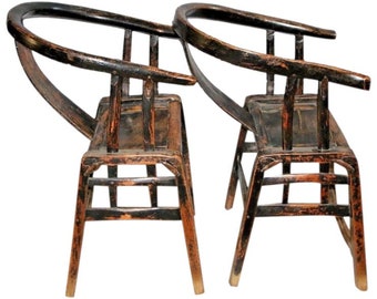 Chinese Antique Yoke Armed Horseshoe Chairs Pair Handmade forged iron supports Nationwide shipping available please call for best rates