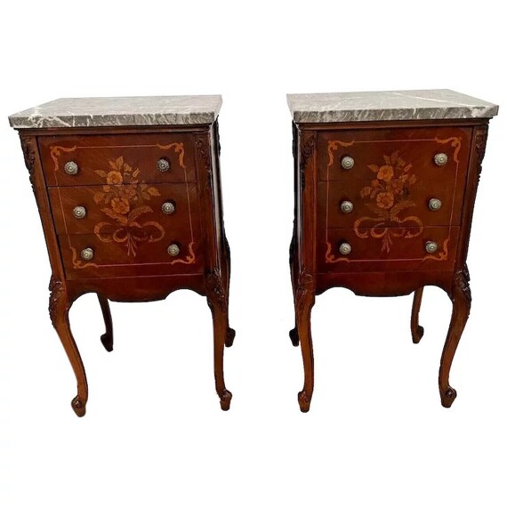 Antique Pair of French Nightstands Lamp Tables Three Drawers Etsy