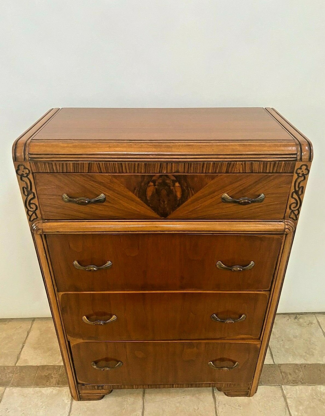 Art Deco Waterfall Highboy Dresser Mahogany Inlays Amber Mix Etsy