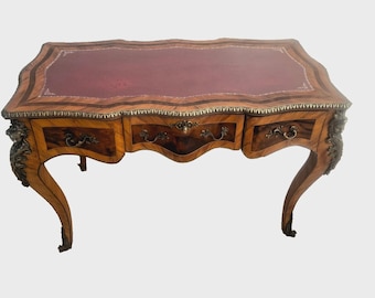 Stunning French Desk Three Dovetail Drawers Brass Angel Accents Ormolu