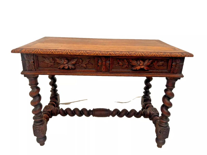 Antique Victorian Gothic Sofa Table Console Barley Twist Legs Two Drawers image 3