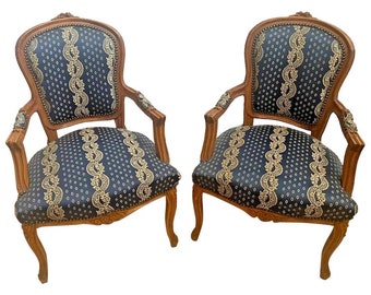 Gorgeous Antique Armchairs French Carved Crown Blue Silk Fabric set of Two