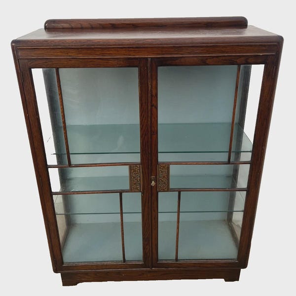 Art Deco China Cabinet Curio Locking Double Door Two Glass Shelves