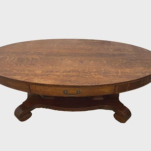 Antique Oval Coffee Table Tiger Oak Center Drawer Shelf Columns Empire Style