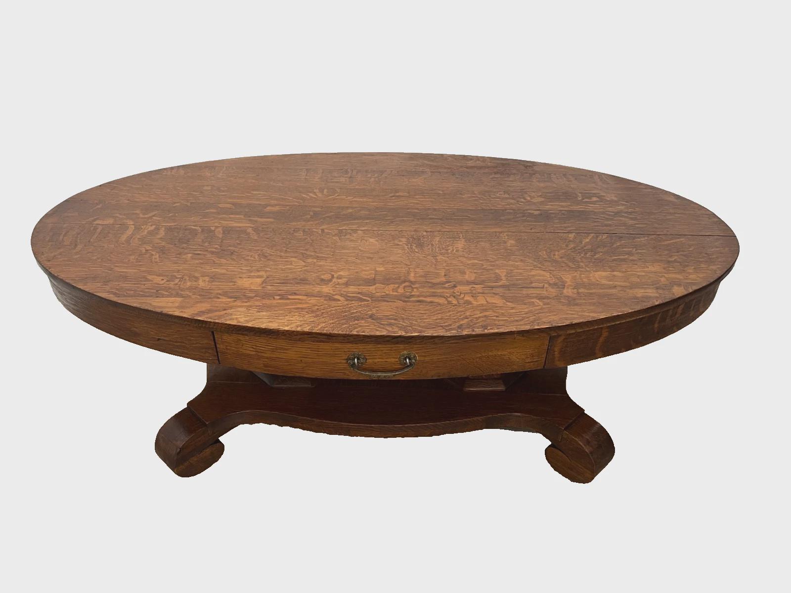 Antique Oval Coffee Table Tiger Oak Center Drawer Shelf Columns