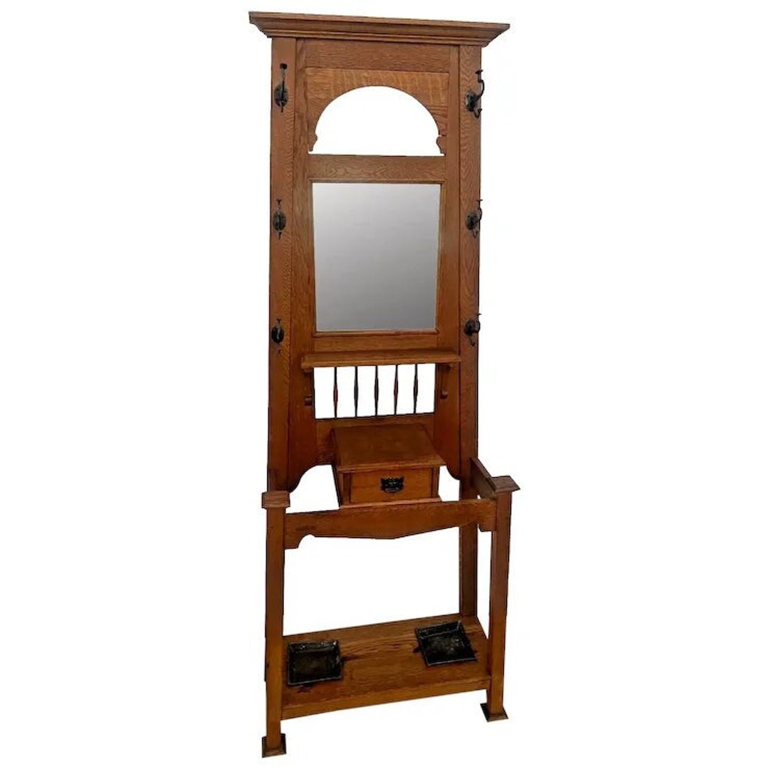 Antique Arts and Crafts Hall Tree Mirror Oak Drawer Umbrella Stand Hat
