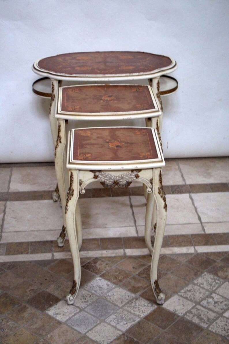 Vintage French Nesting Tables Gold White Finish Original Patina and