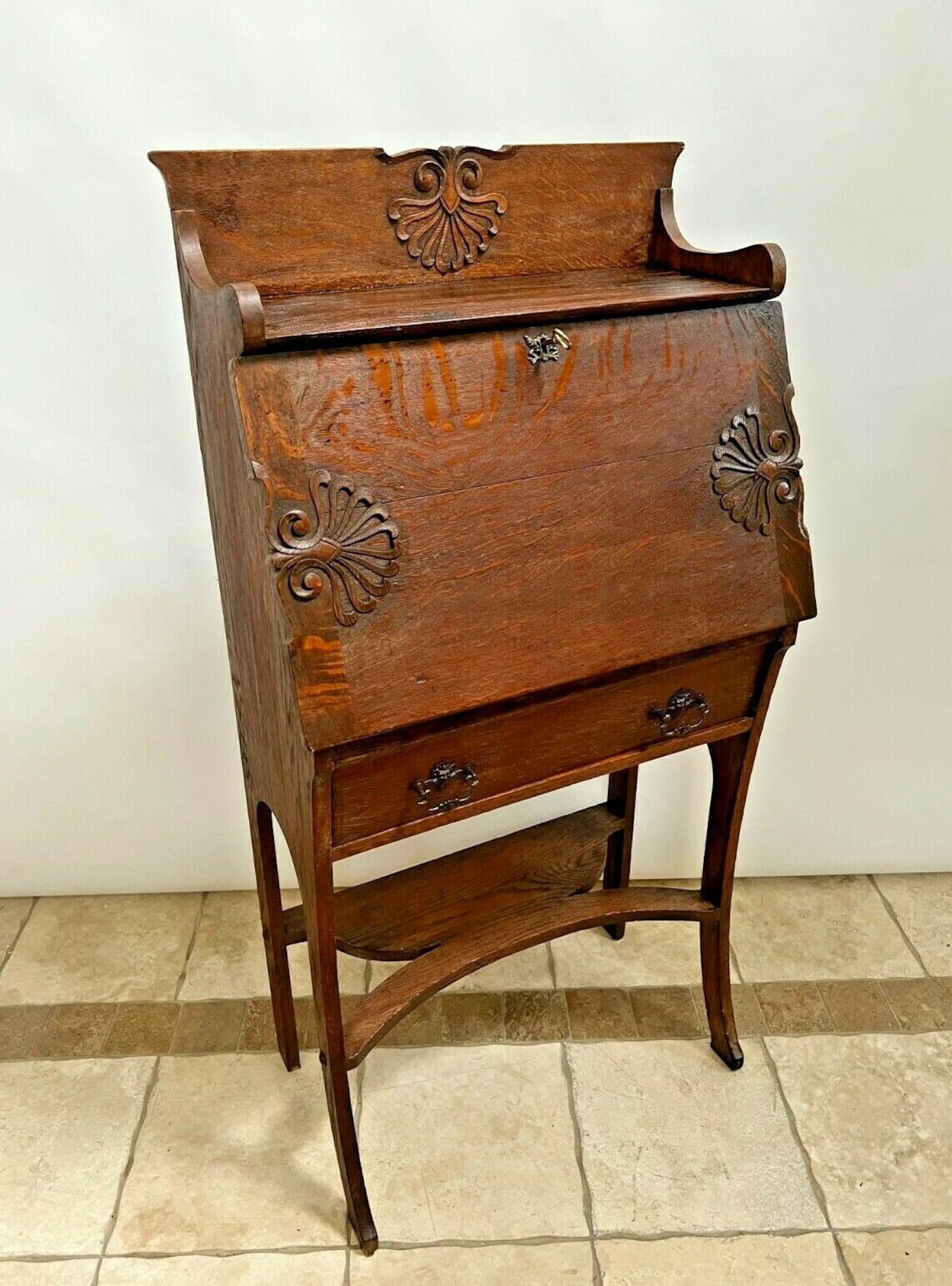 Antique Secretary Desk Solid Oak Locking Door With Key Bottom Etsy