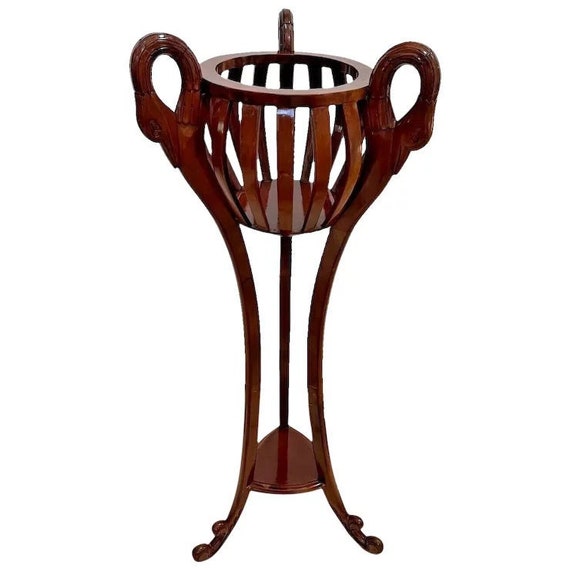 Vintage Tall Plant Stand Carved Swan Basket Jardiniere Solid Cherry Shelf