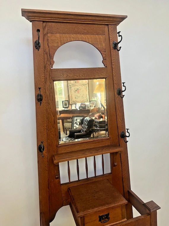 Antique Arts and Crafts Hall Tree Mirror Oak Drawer Umbrella Stand