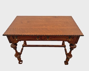 Victorian Desk Two Drawers Quarter Sawed Tiger Oak Petite Size Hand Carved Top