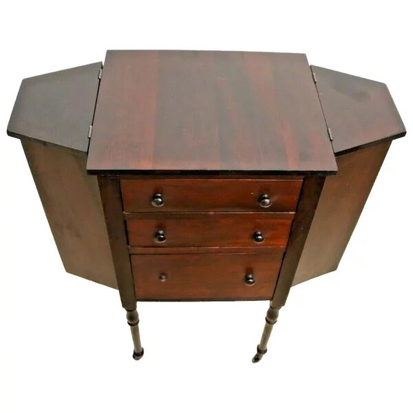Rare Antique Table Sewing and Knitting Organizer caster wheels solid Mahogany