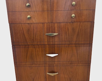 Gorgeous Mid Century Art Deco Revival Dresser Chest Four Drawers Brass Pulls
