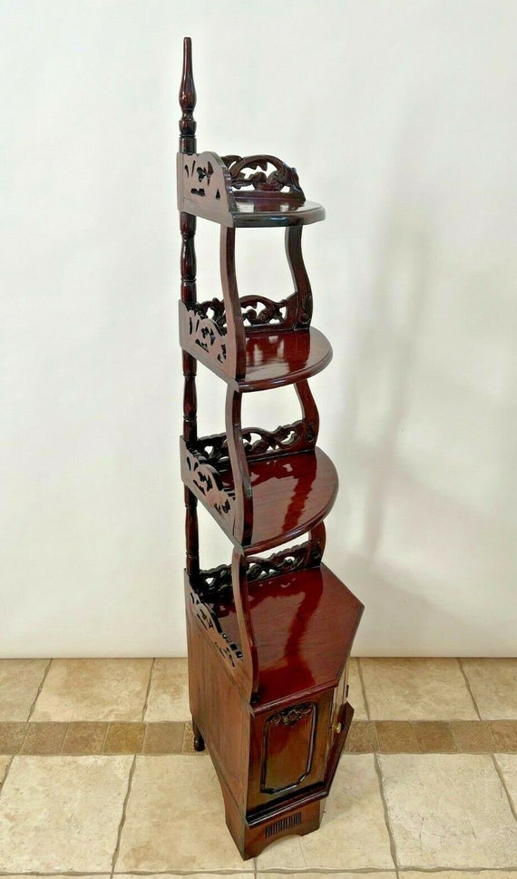 Vintage Mahogany Corner Etagere Four Tier Display Case With Bottom
