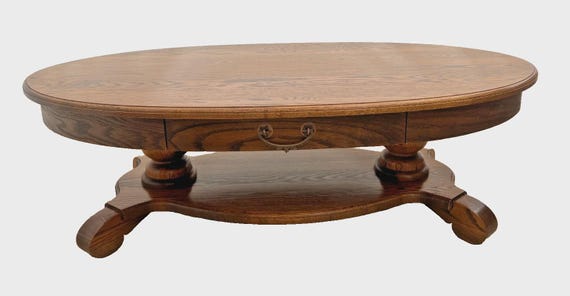 Vintage Oval Coffee Table Tiger Oak, Center Drawer, Shelf, Columns