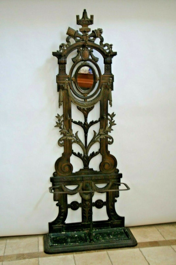 Antique Cast Iron Hall Tree Victorian Coat Rack Tilt Mirror Antique Cast Iron Hall Tree Victorian, Antique Victorian Coat Stand