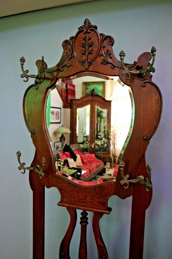 Vintage Hall Tree Throne Style Tiger Oak Beveled Mirror Seat Bench