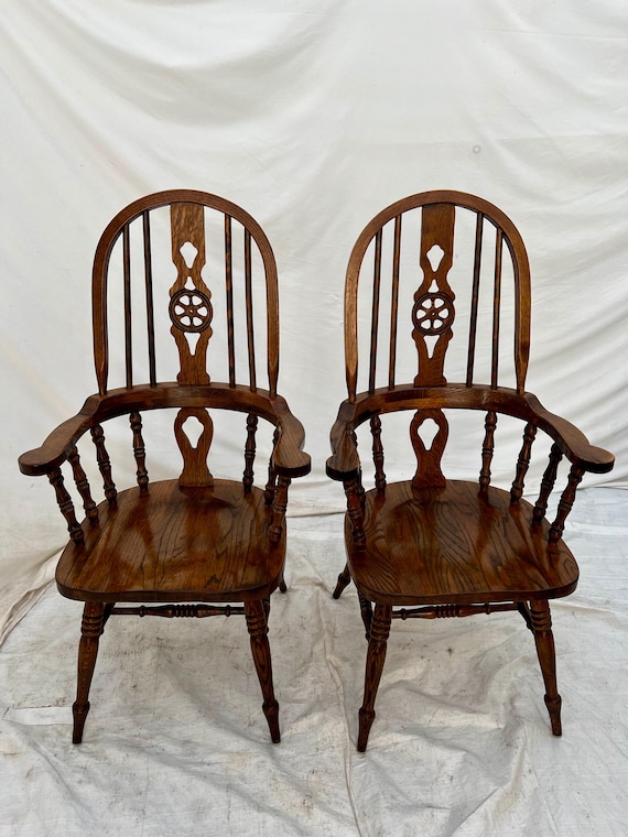 Vintage Windsor Arm Chairs Set of Two Solid English Oak