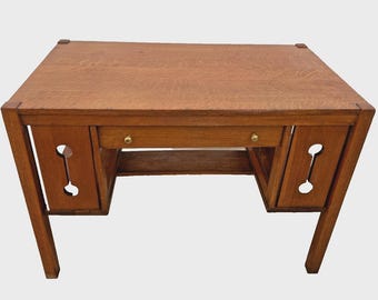 Antique Mission Arts and Crafts Library Desk, Drawer, Tiger Oak, side Shelves