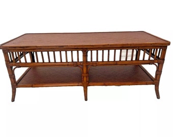 Ethan Allen Rattan Coffee Table Two Tier Bamboo Legs Wicker Top Campaign Style