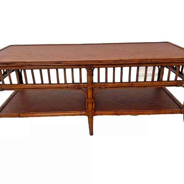 Ethan Allen Rattan Coffee Table Two Tier Bamboo Legs Wicker Top Campaign Style