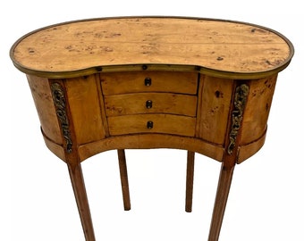 Kidney Table Nightstand Three Drawers Brass Accents Birdseye Maple French style