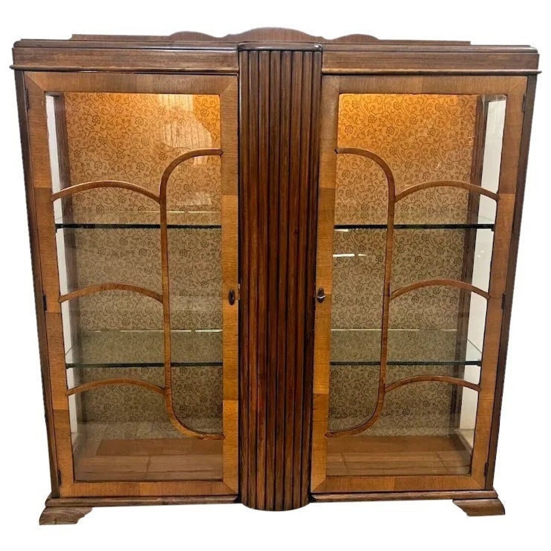 Art Deco China Cabinet Curio Double Locking Doors LED Lighted 2 Glass ...