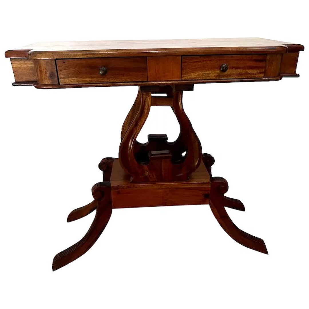 Vintage Sofa Console Table Double Lyre Pedestal Two Drawers Small