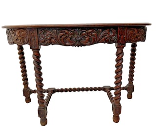 Antique Victorian Gothic Sofa Table Console Demilune Barley Twist Legs Drawer