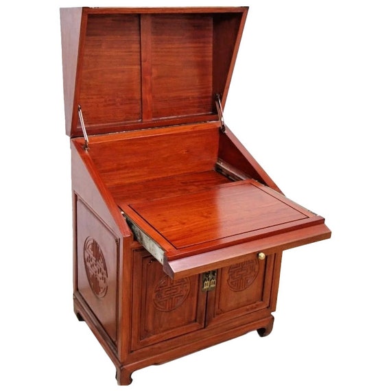 Vintage Chinese Carved Rosewood Secretary Writing Desk Cabinet Etsy
