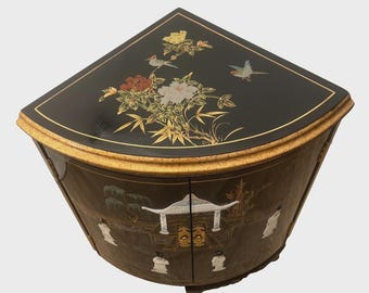 Vintage Chinese Corner Cabinet Chinoiserie Mother of Pearl applique Asian style