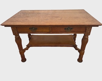 Antique American Empire Desk Two Drawers Quarter Sawed Tiger Oak Bottom Shelf