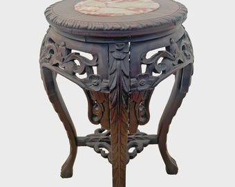 French Victorian Plant Stand Table, hand carved Lattice Marble Top, Mahogany Petite