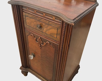 Antique Joerns Nightstand Cabinet Walnut Hand Carved French Provincial Style