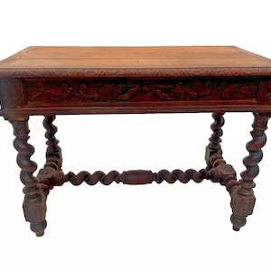 Antique Victorian Gothic Sofa Table Console Barley Twist Legs Two Drawers image 5