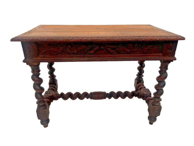 Antique Victorian Gothic Sofa Table Console Barley Twist Legs Two Drawers image 5