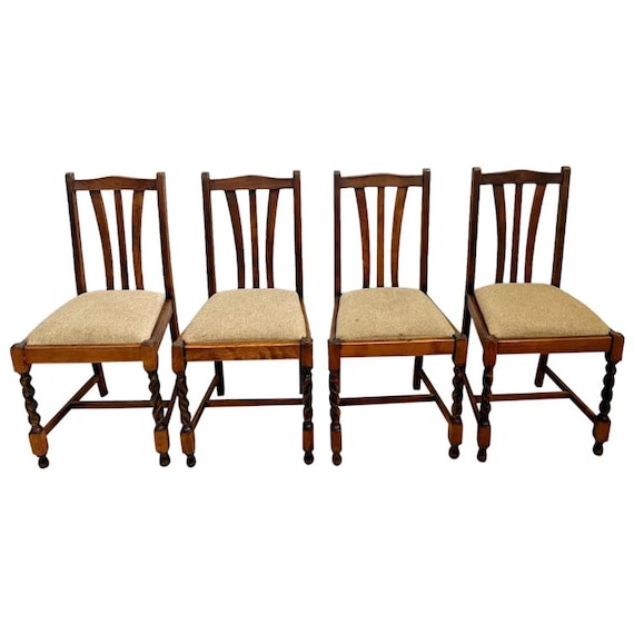 Buy Antique Chairs Barley Twist Legs Solid Oak Set of Four Tweed