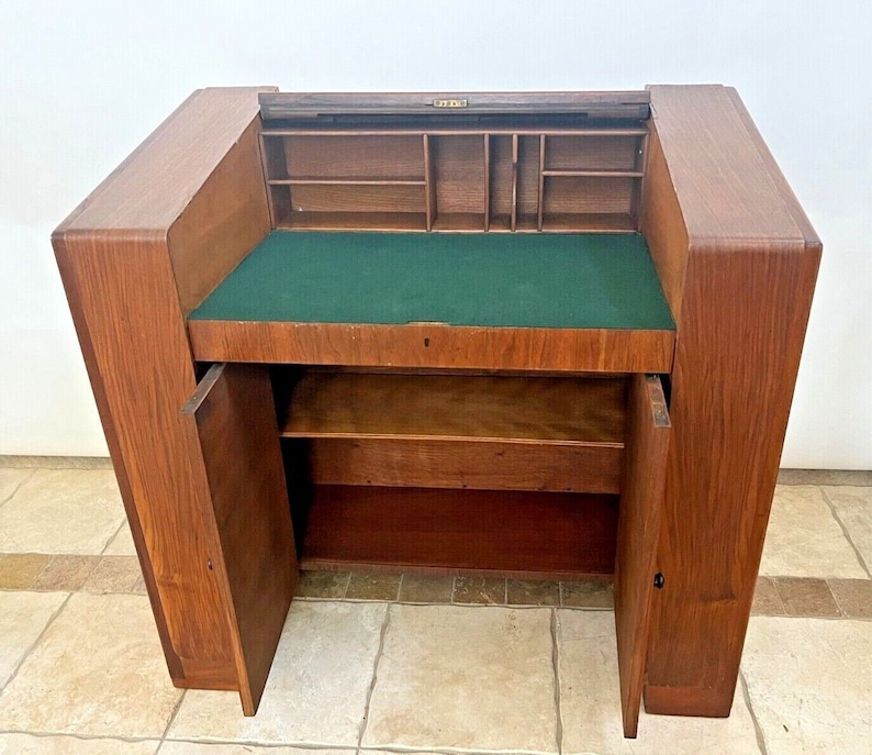 Rare Art Deco Secretary Desk Hide Away Top Door Double Lower