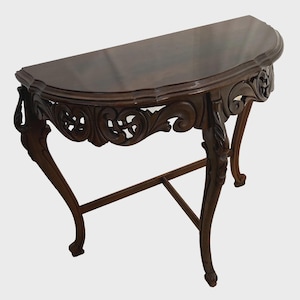Antique French Demilune Console Table Hand Carved Petite size Mahogany