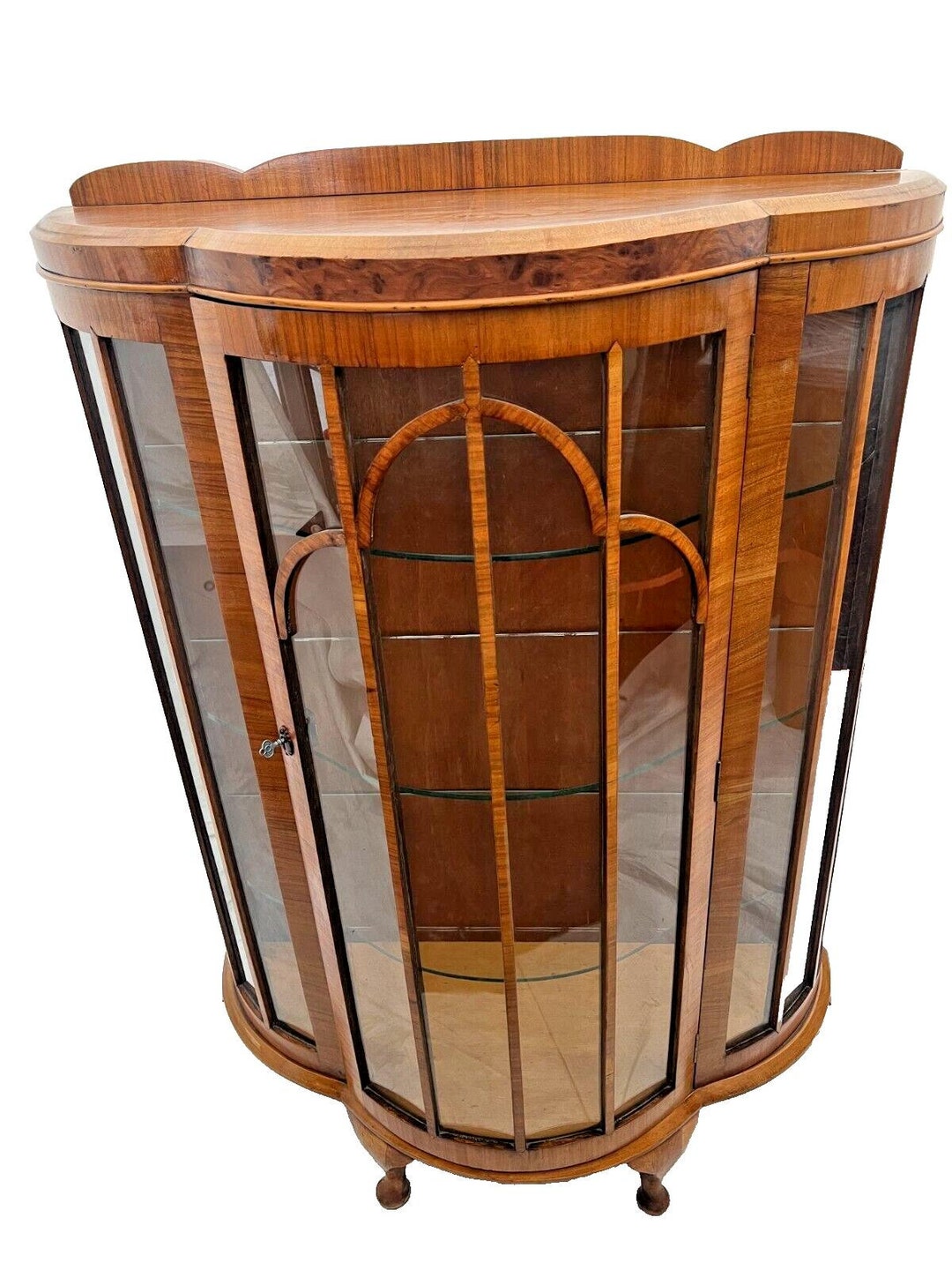 Art Deco China Cabinet Curio Three Glass Shelves Curved Locking Door ...