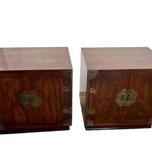 Rare Pair Henredon Mid Century Asian Walnut Nightstands double door Cabinets