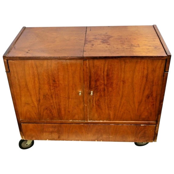 Mid Century Modern Bottle Server Cart Rolling Flip Top Hidden Bar