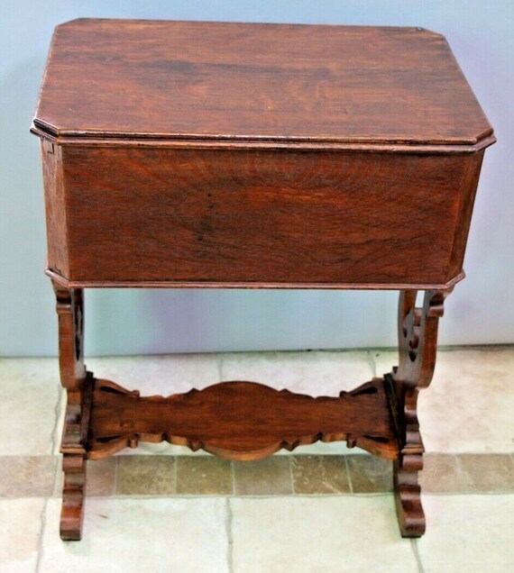 Antique Tiger Oak Victorian Sewing Work Stand Desk Two Locking Etsy