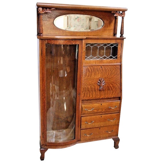 Antique Tiger Oak Side By Side Double Bookcase Secretary Curio Etsy