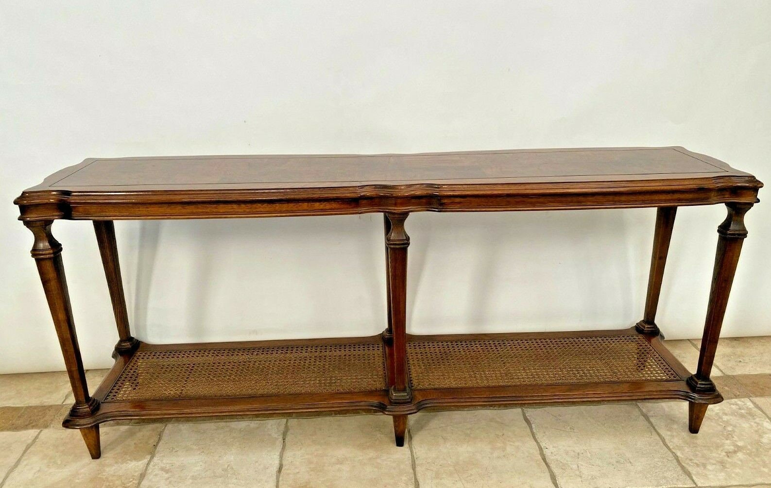 Vintage Ethan Allen Sofa Table Console Walnut Burl Cane Bottom Etsy