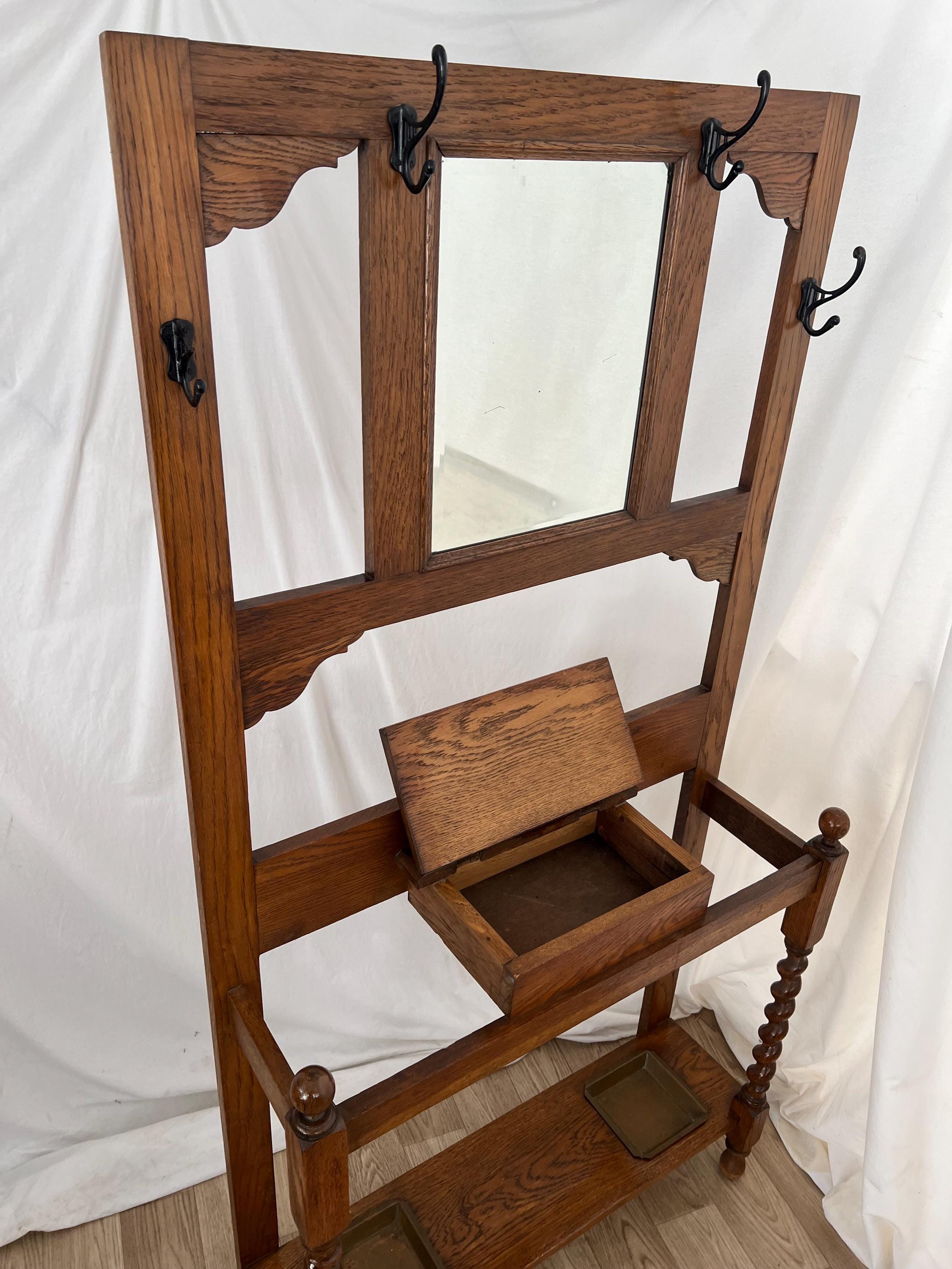 Antique Hall Tree Glove Box Umbrella Stand Barley Twist Oak Mirror