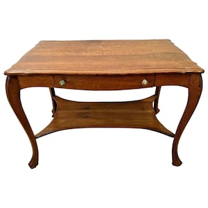 Antique Desk Library Table by Wolverine Mfg One drawer Bottom shelf Tiger Oak