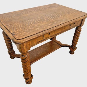 Antique Desk Barley Twist Legs, Drawer, Tiger Oak, Bottom Shelf, American Empire