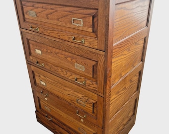 Lateral File Cabinet Tiger Oak Four Drawers Locking Bottom Paneled Sides Keys