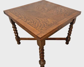 Antique Expanding Pub Kitchen Table Barley Twist Legs English Tiger Oak